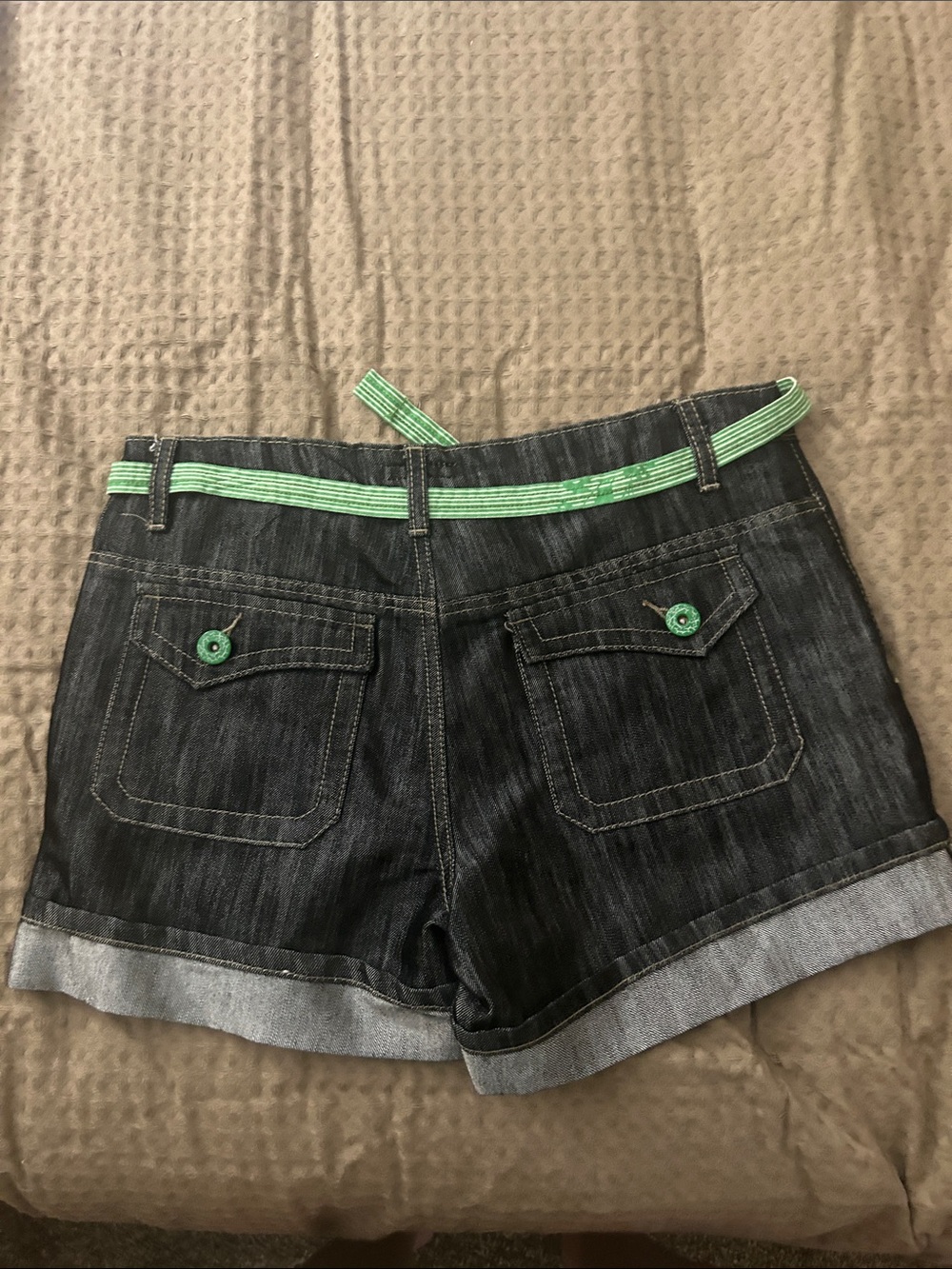 Cato Dark Denim Shorts with Bright Green Trim - Picture 3 of 5